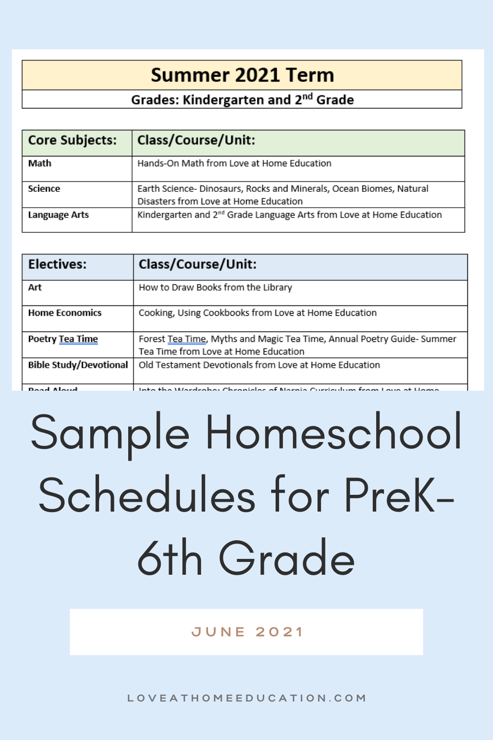 Sample Homeschool Schedules for Preschool-6th Grade